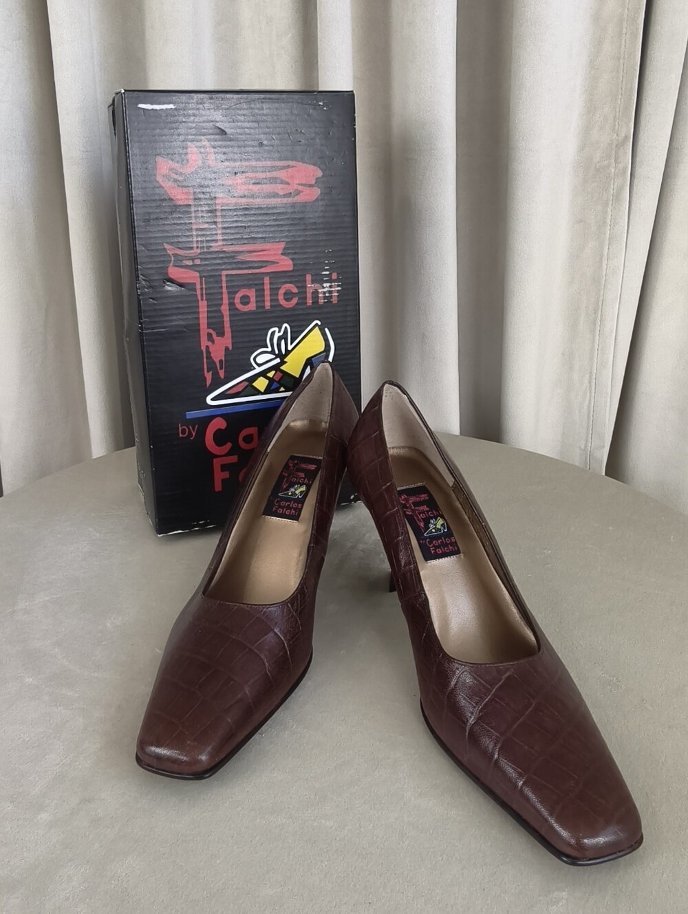 Vintage Carlos Falchi Square-Toe Burgundy Croc-Embossed Leather Pumps